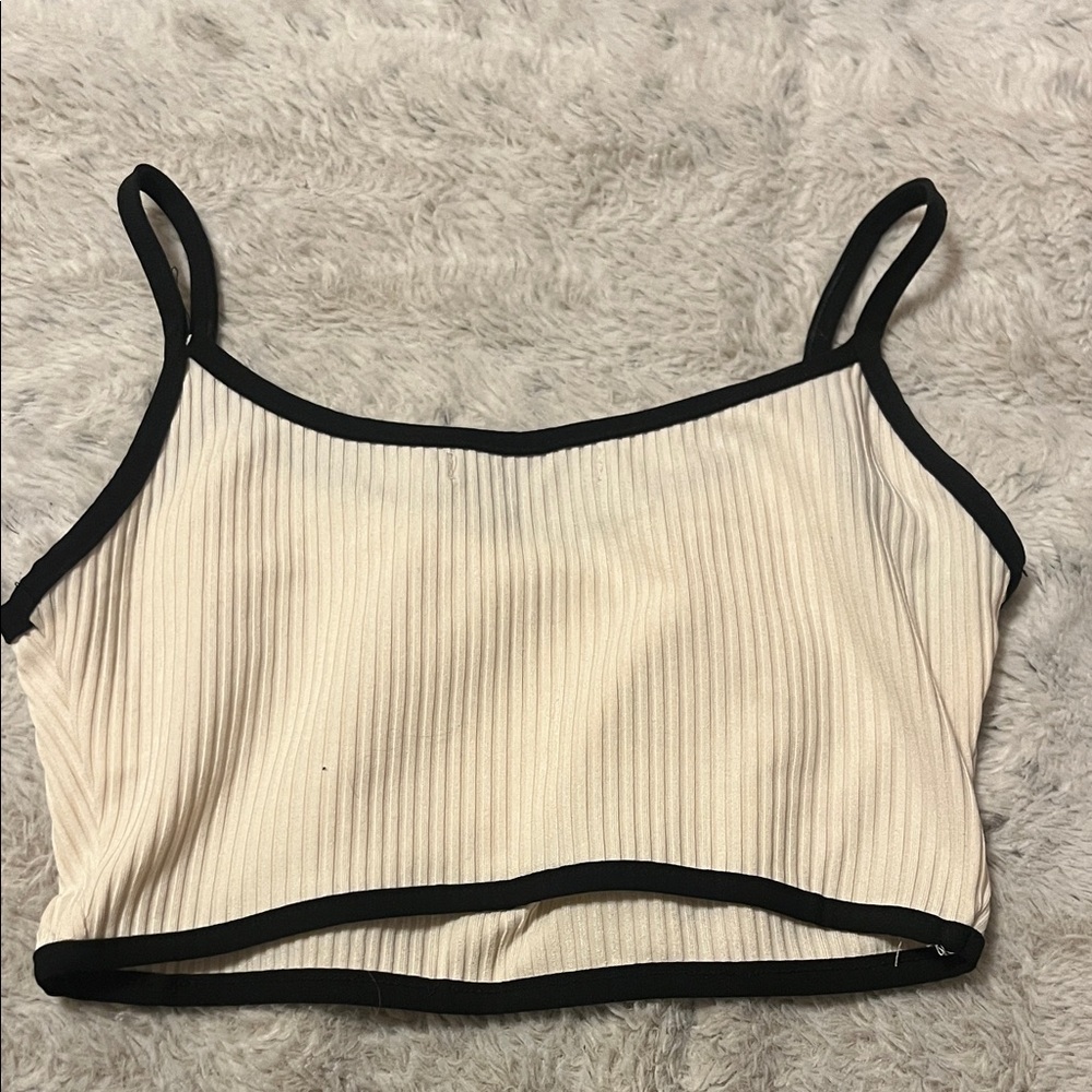 SHEIN Cream Ribbed Tank Top with Black Trim